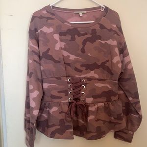 Express pink camo print long sleeve sweater top with lace tie at the front